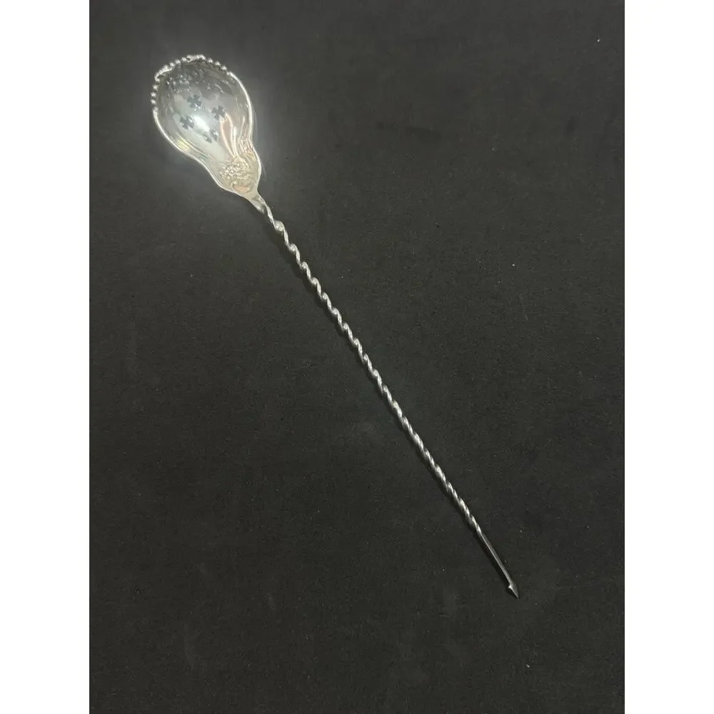 Antique Sterling Olive Cocktail Spoon Floral Decoration Twist Handle